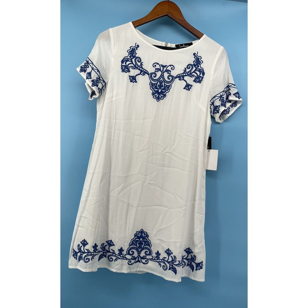 Lulu's White Mini Dress with Blue Embroidered Detail
